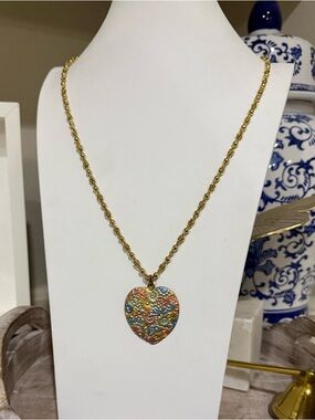 Long Gold Tone Necklace with Pastel Floral Heart Pendant
